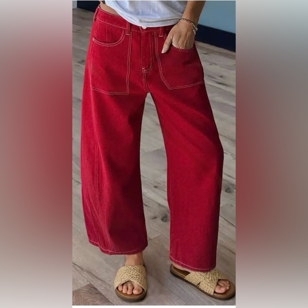 Flamingals Patched Pocket Mid Waist Barrel Leg Pants